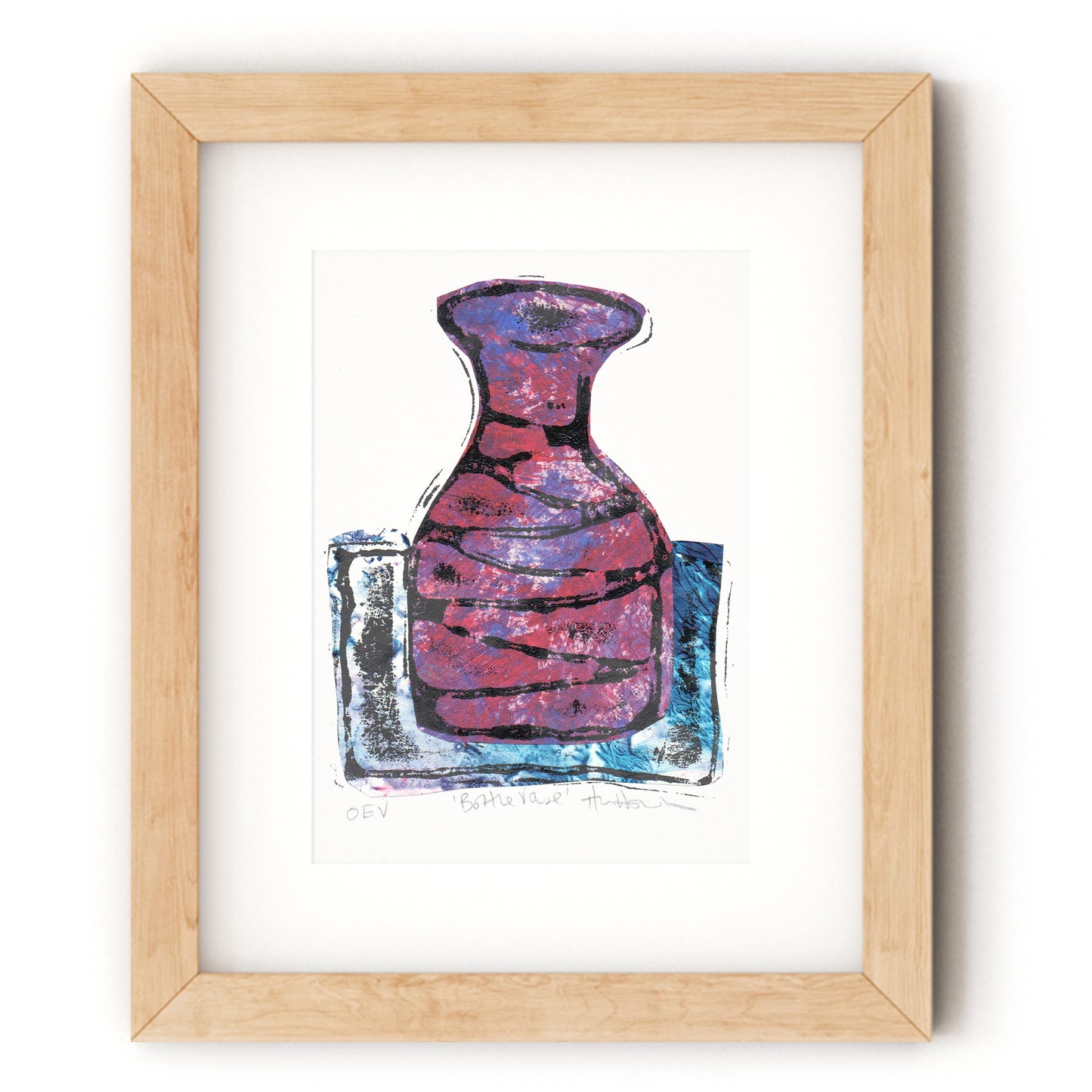 Bottle Vase - magenta, shown in wood frame