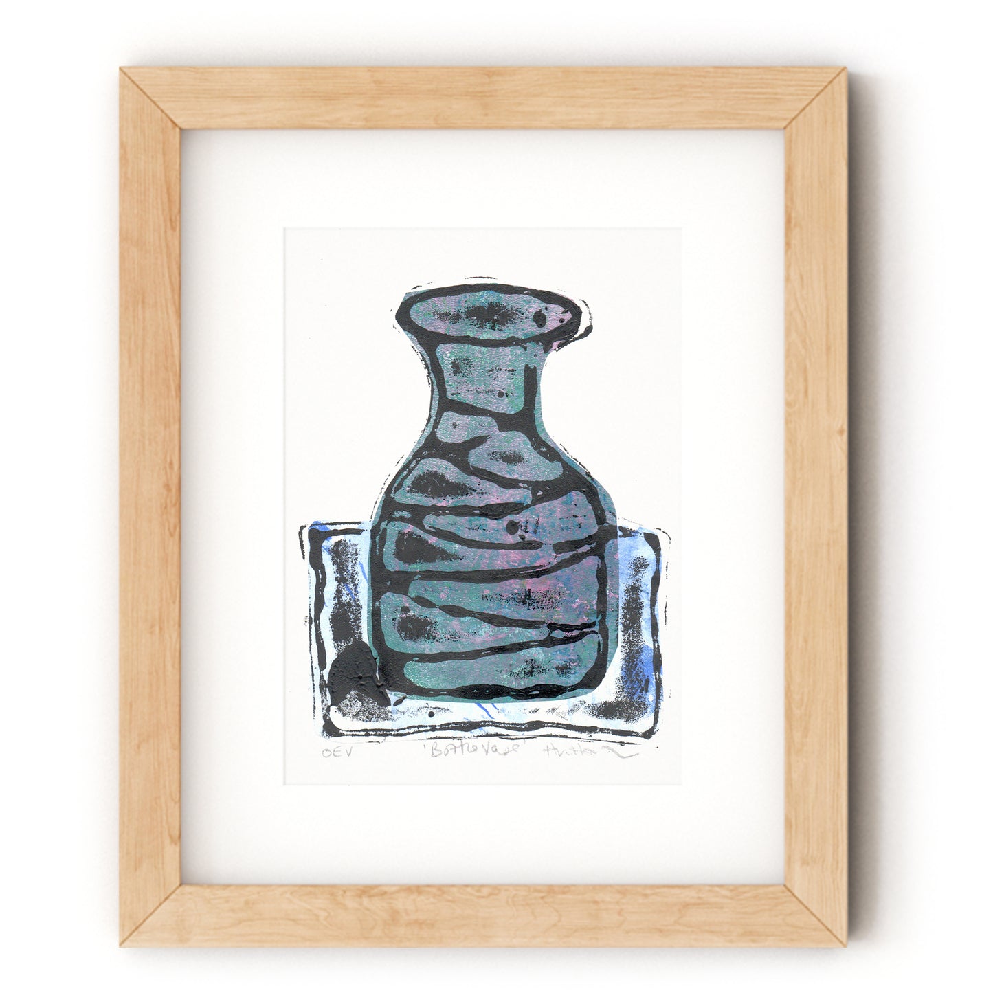 Bottle Vase - teal, shown in wood frame