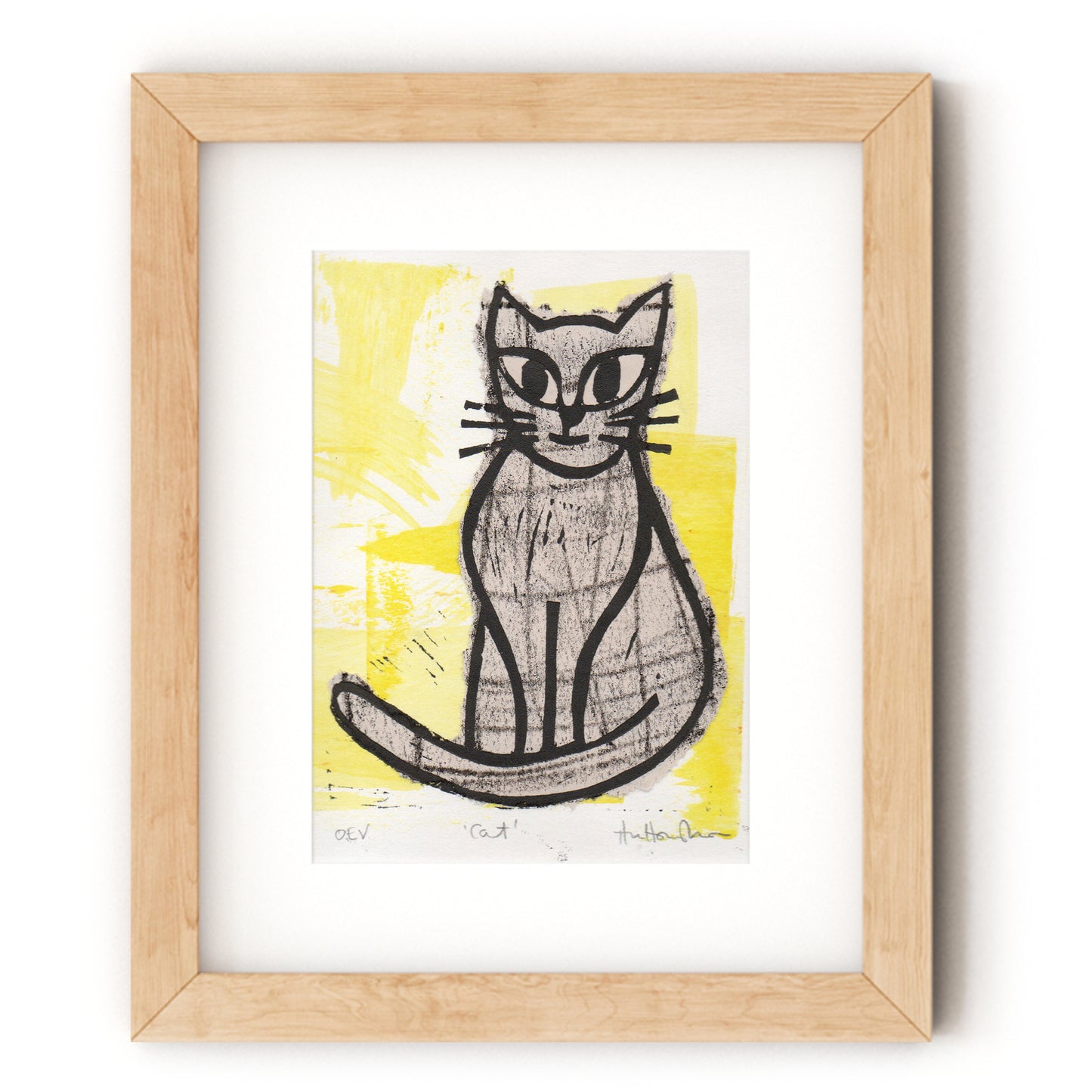 Cat 2 Lino Print shown in wood frame