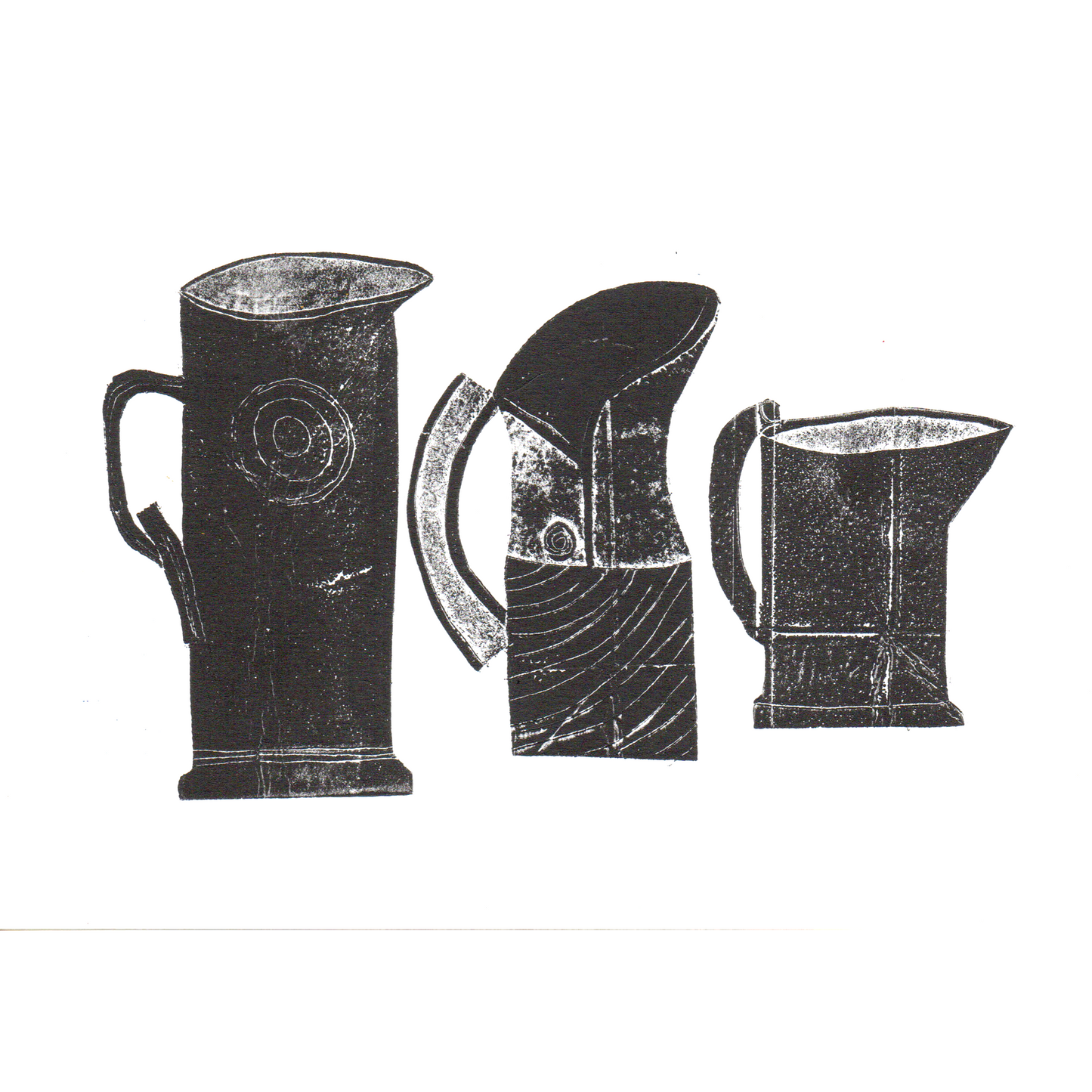 relief print of 3 jugs black ink on white paper