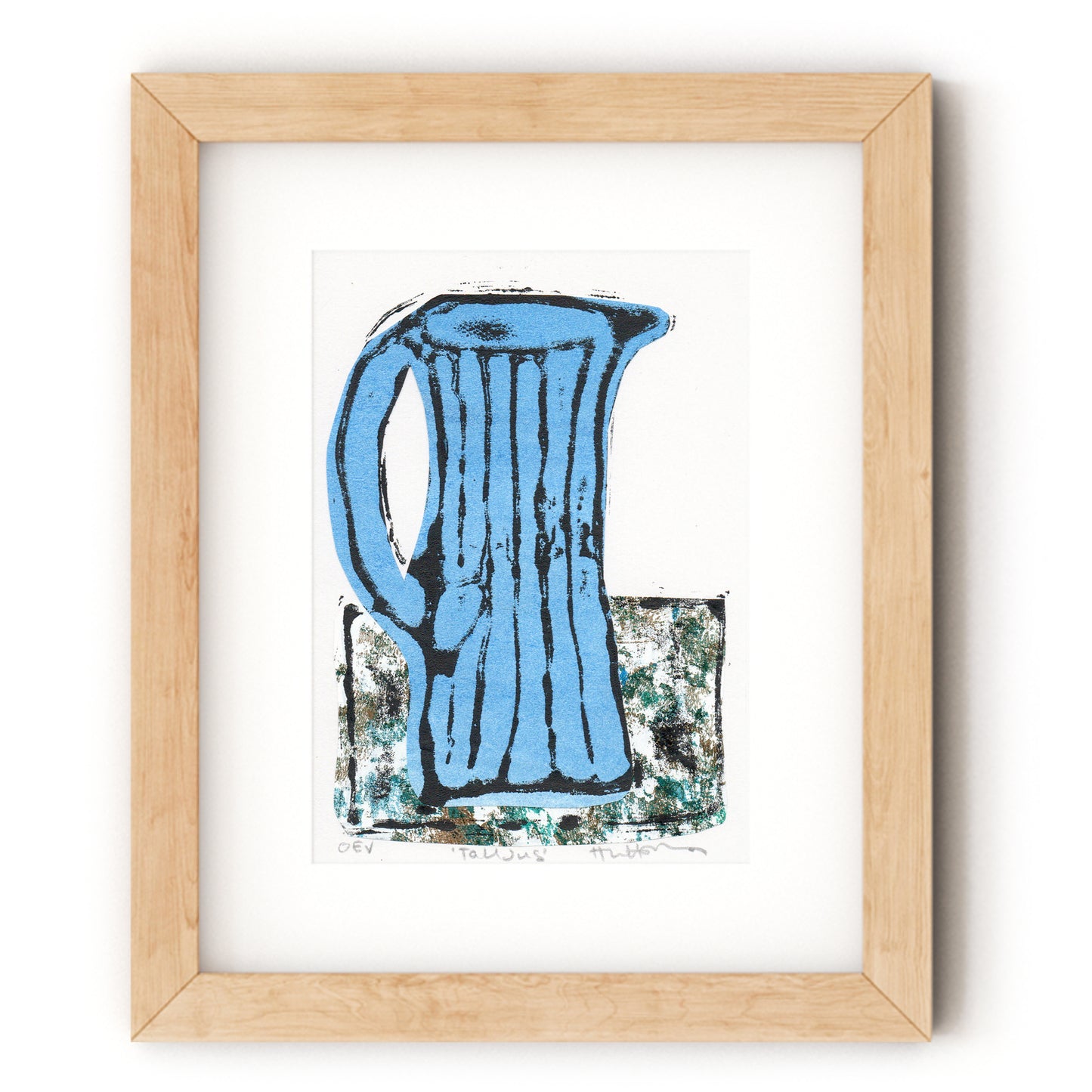 Tall Jug - Blue shown in wood frame