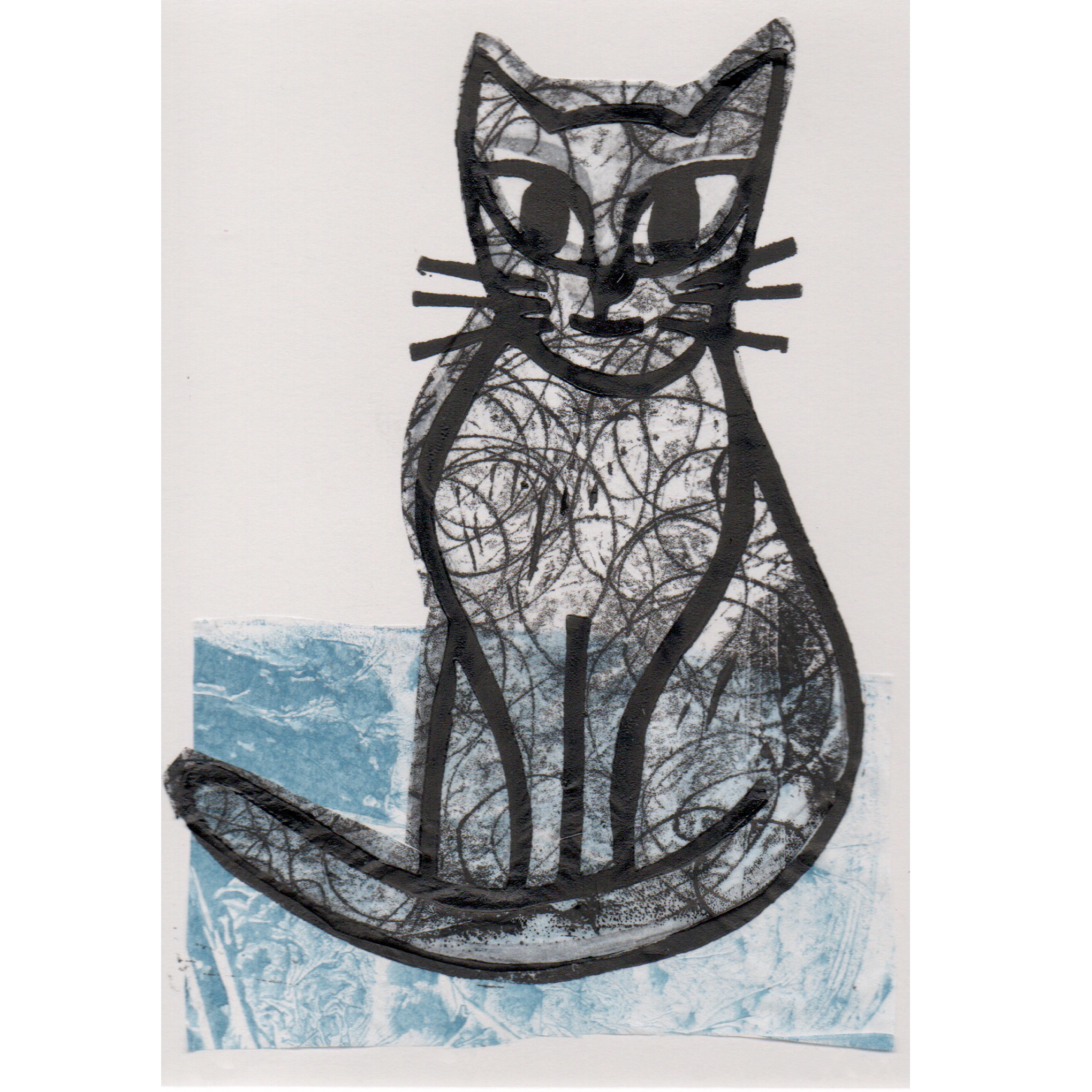Lino print of cat, in black ink over chine-collé 