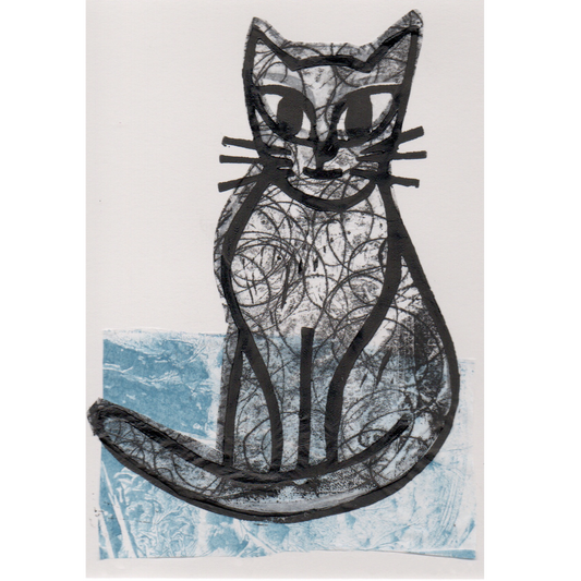 Lino print of cat, in black ink over chine-collé 
