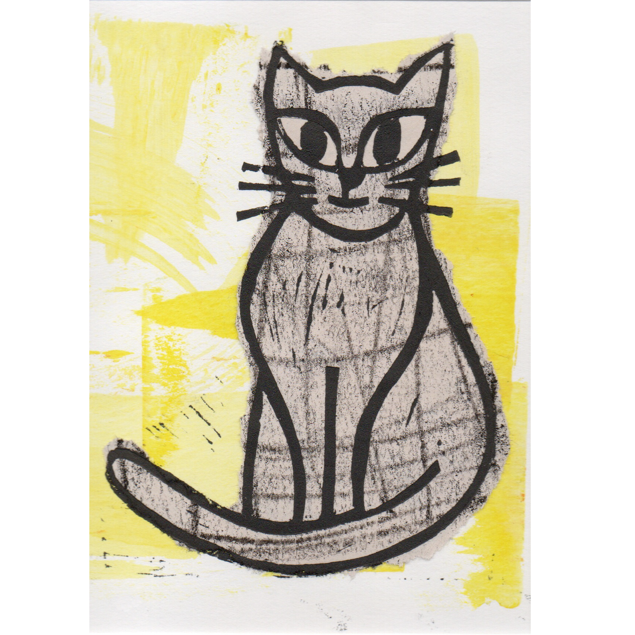 Lino print of cat, in black ink over chine-collé 