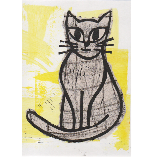 Lino print of cat, in black ink over chine-collé 