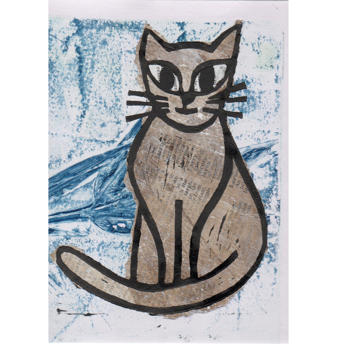 Lino print of cat, in black ink over chine-collé 