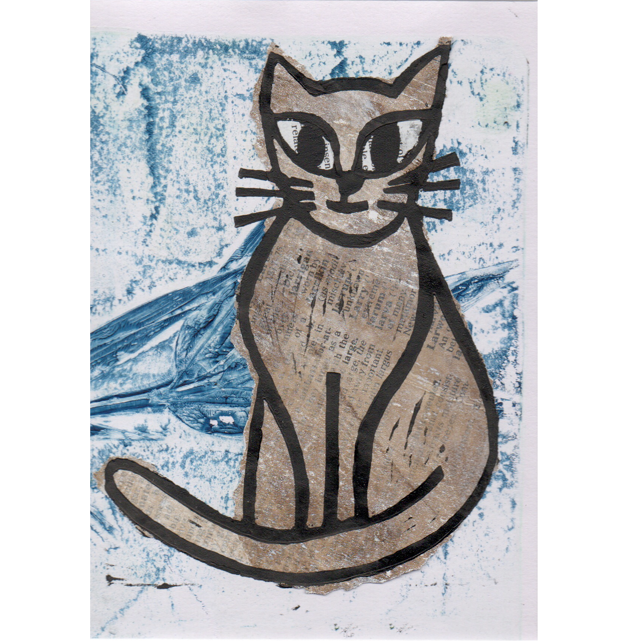 Lino print of cat, in black ink over chine-collé 
