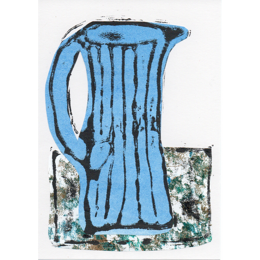 Relief print of tall jug, printed in black ink over chine-collé 