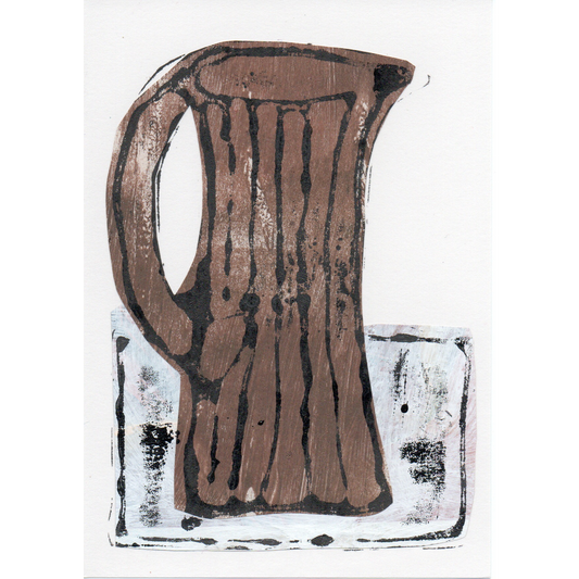 Relief print of tall jug, printed in black ink over chine-collé 