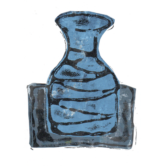 Relief print of bottle vase printed with black ink over chine-collé