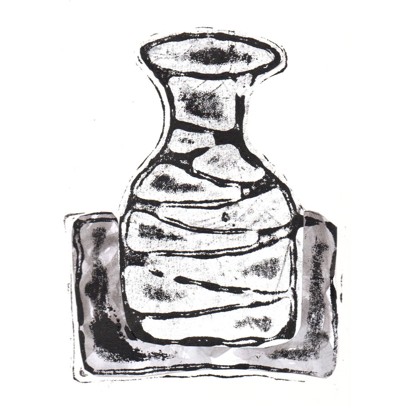 Relief print of bottle vase printed with black ink over chine-collé