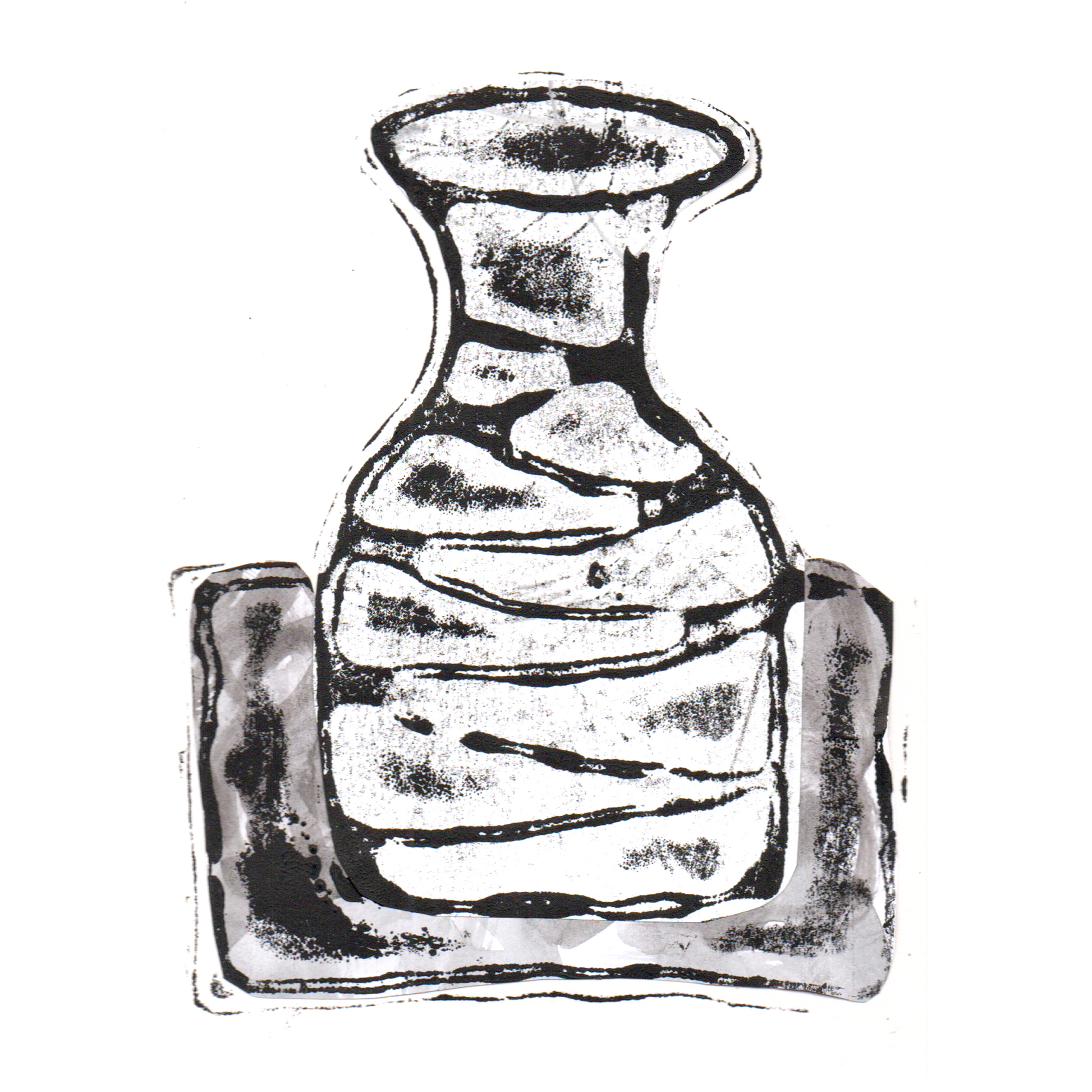 Relief print of bottle vase printed with black ink over chine-collé