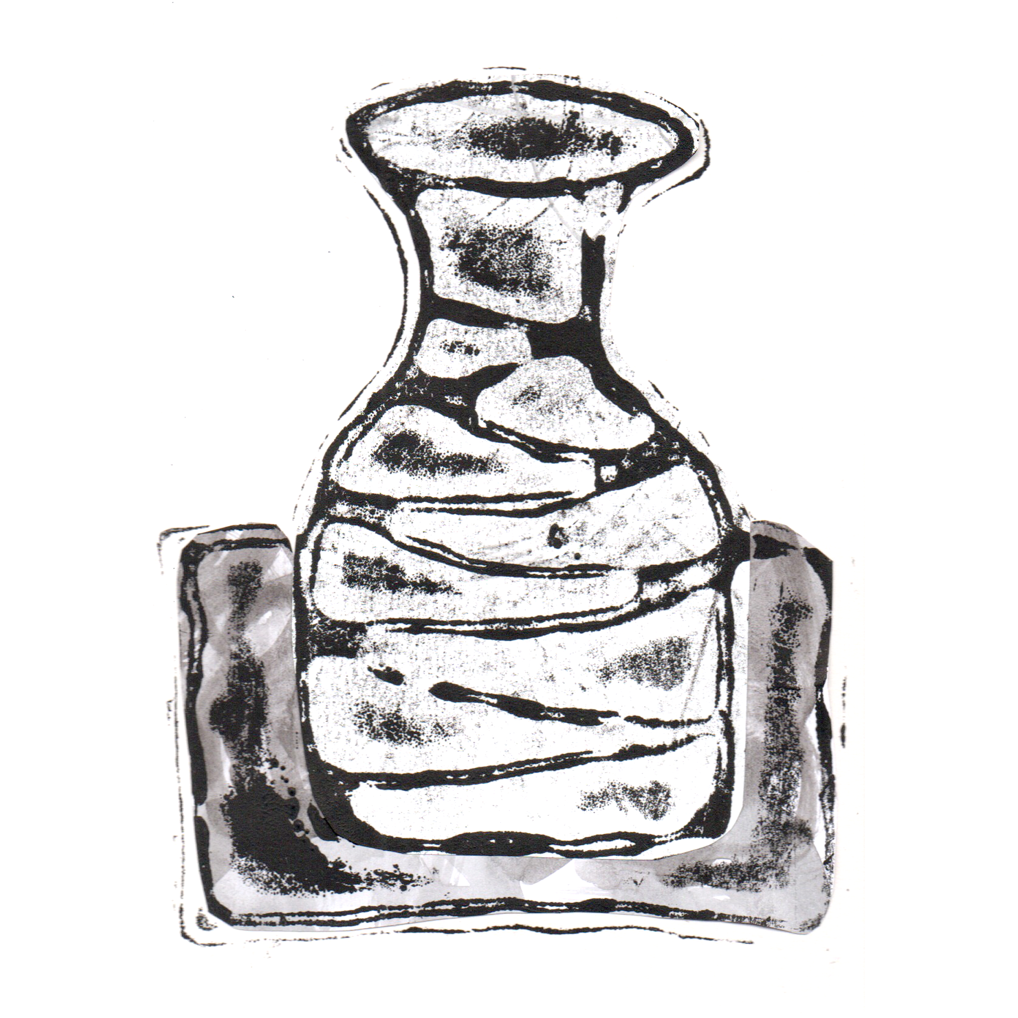 Relief print of bottle vase printed with black ink over chine-collé