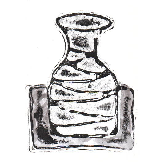 Relief print of bottle vase printed with black ink over chine-collé