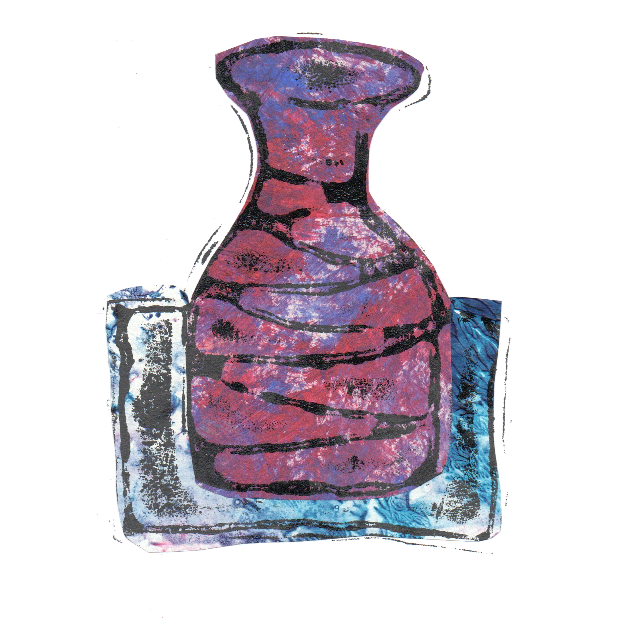 Relief print of bottle vase printed with black ink over chine-collé