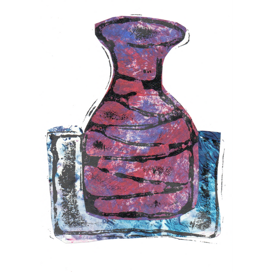 Relief print of bottle vase printed with black ink over chine-collé