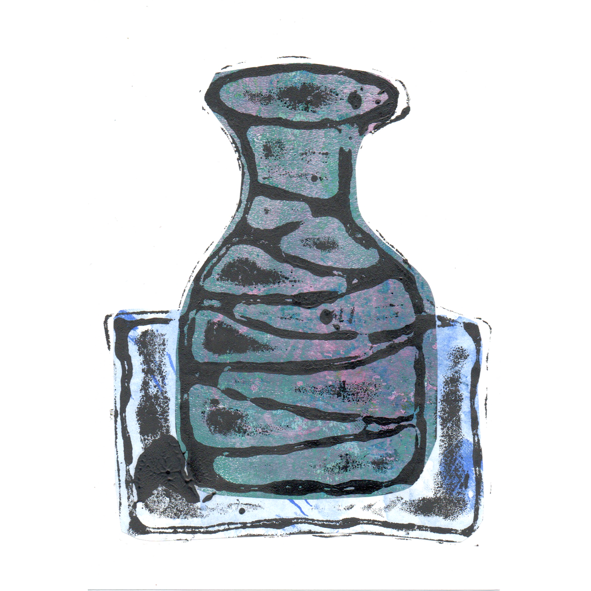 Relief print of bottle vase printed with black ink over chine-collé