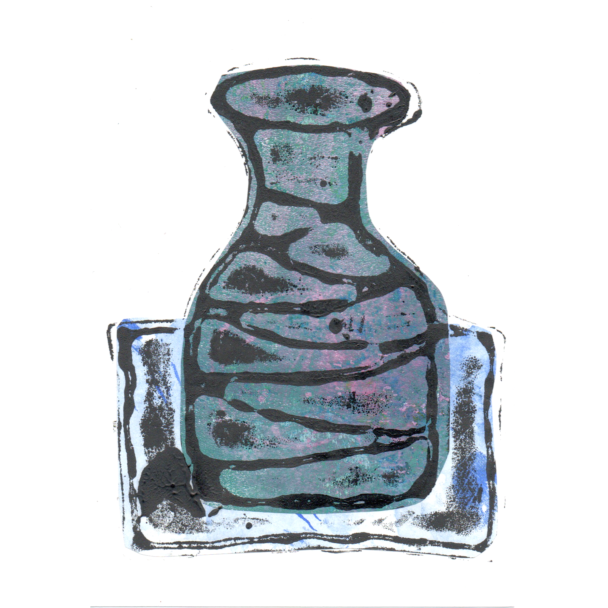 Relief print of bottle vase printed with black ink over chine-collé