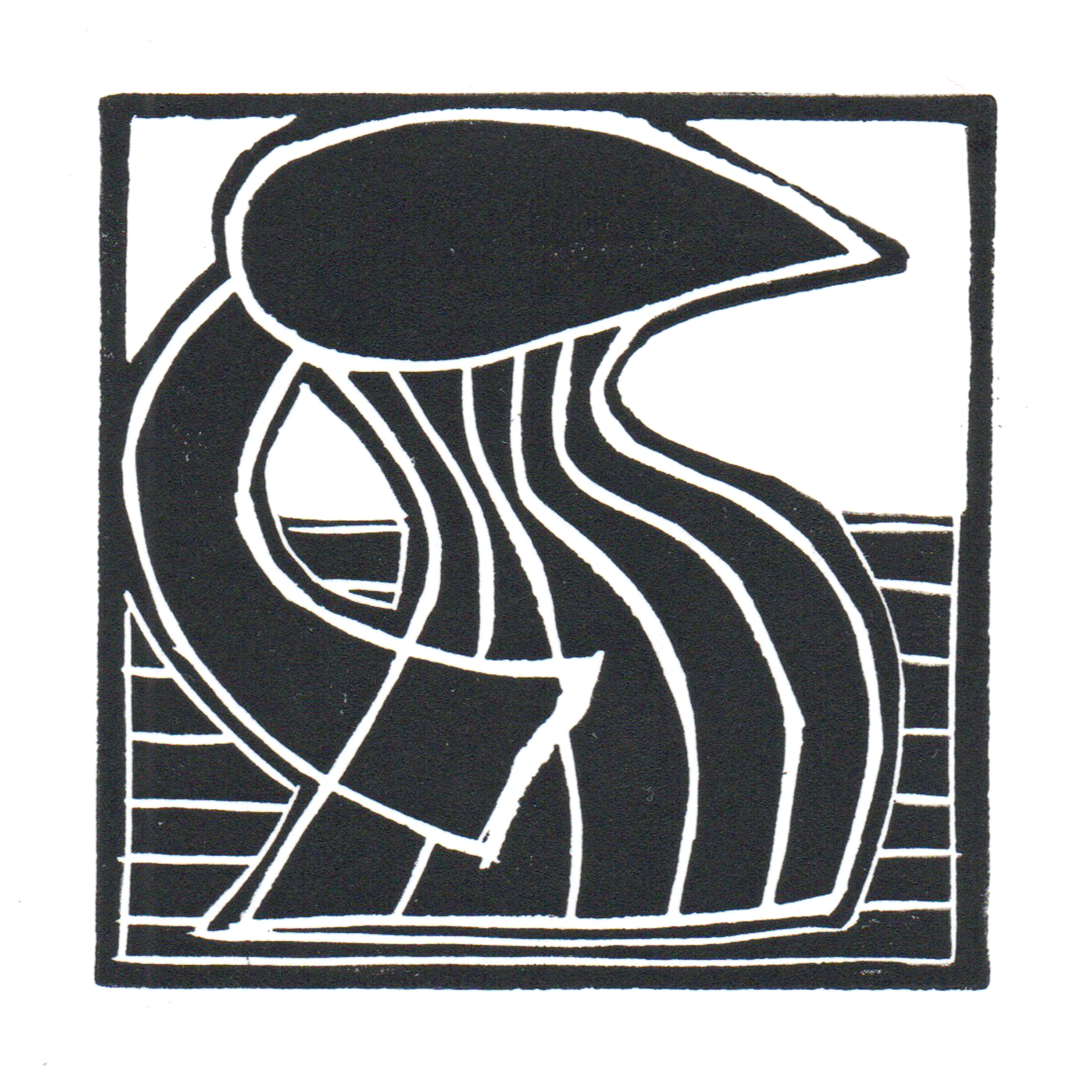 Lino print of jug illustration.  Black ink