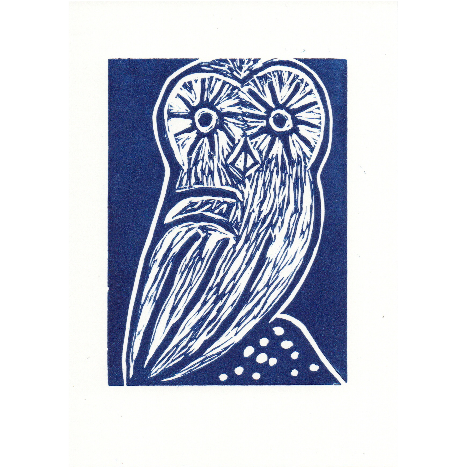 Blue Lino printed illustration of owl
