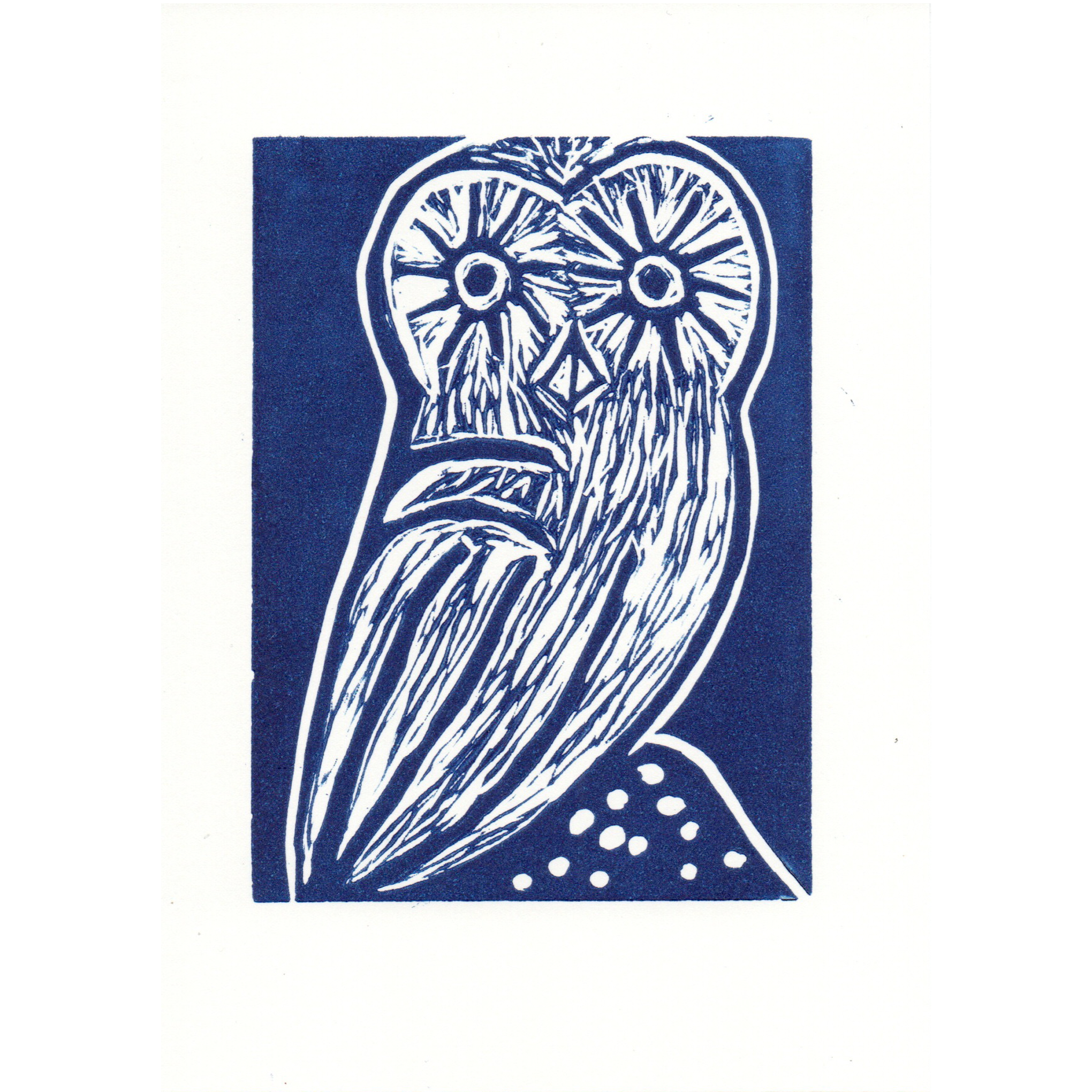Blue Lino printed illustration of owl
