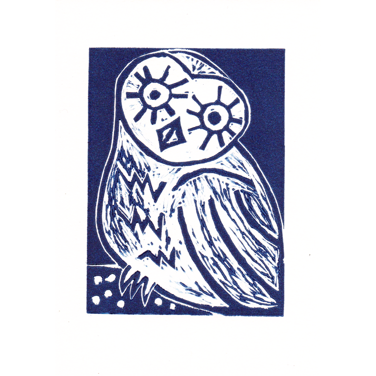 Blue Lino printed illustration of owl