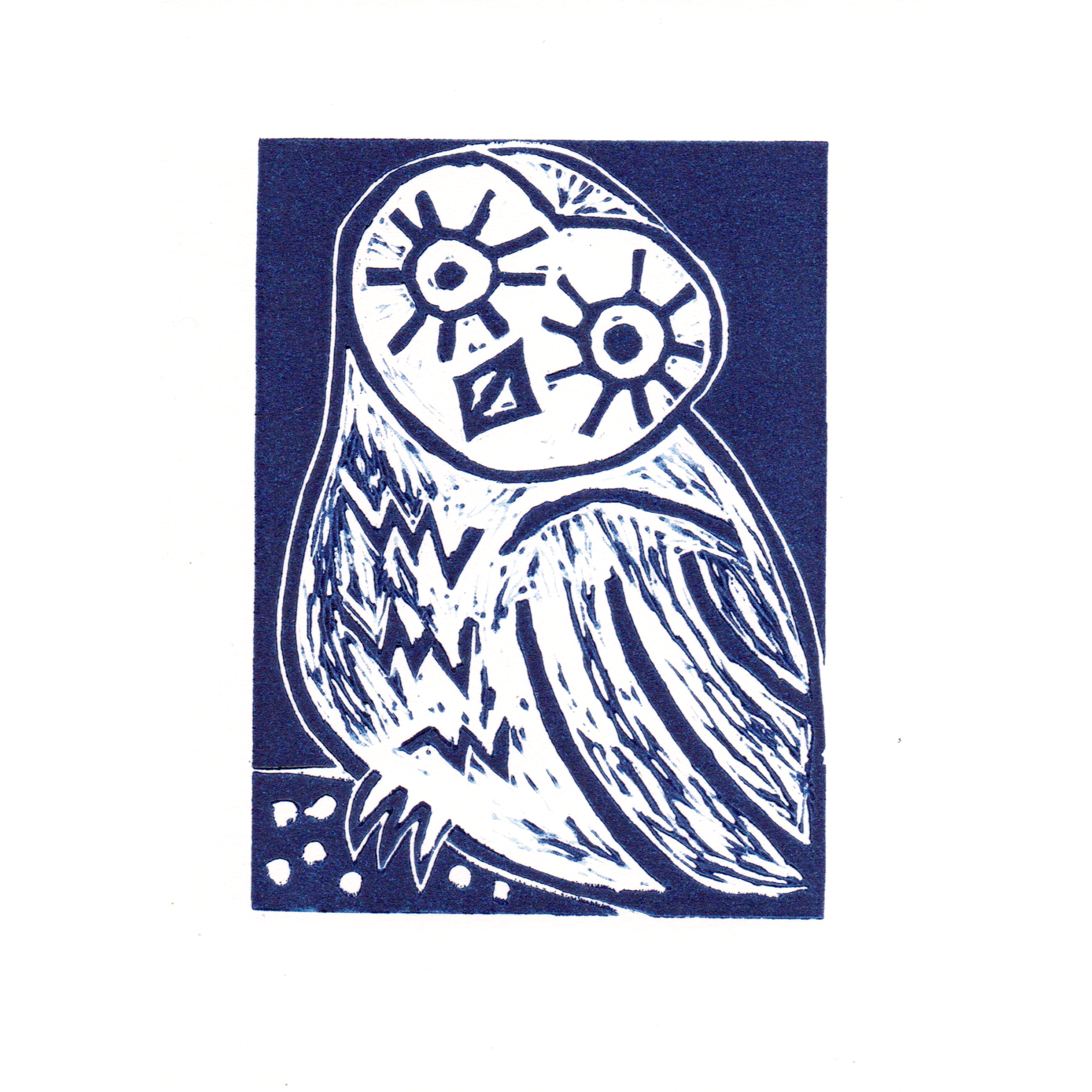 Blue Lino printed illustration of owl