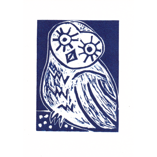 Blue Lino printed illustration of owl