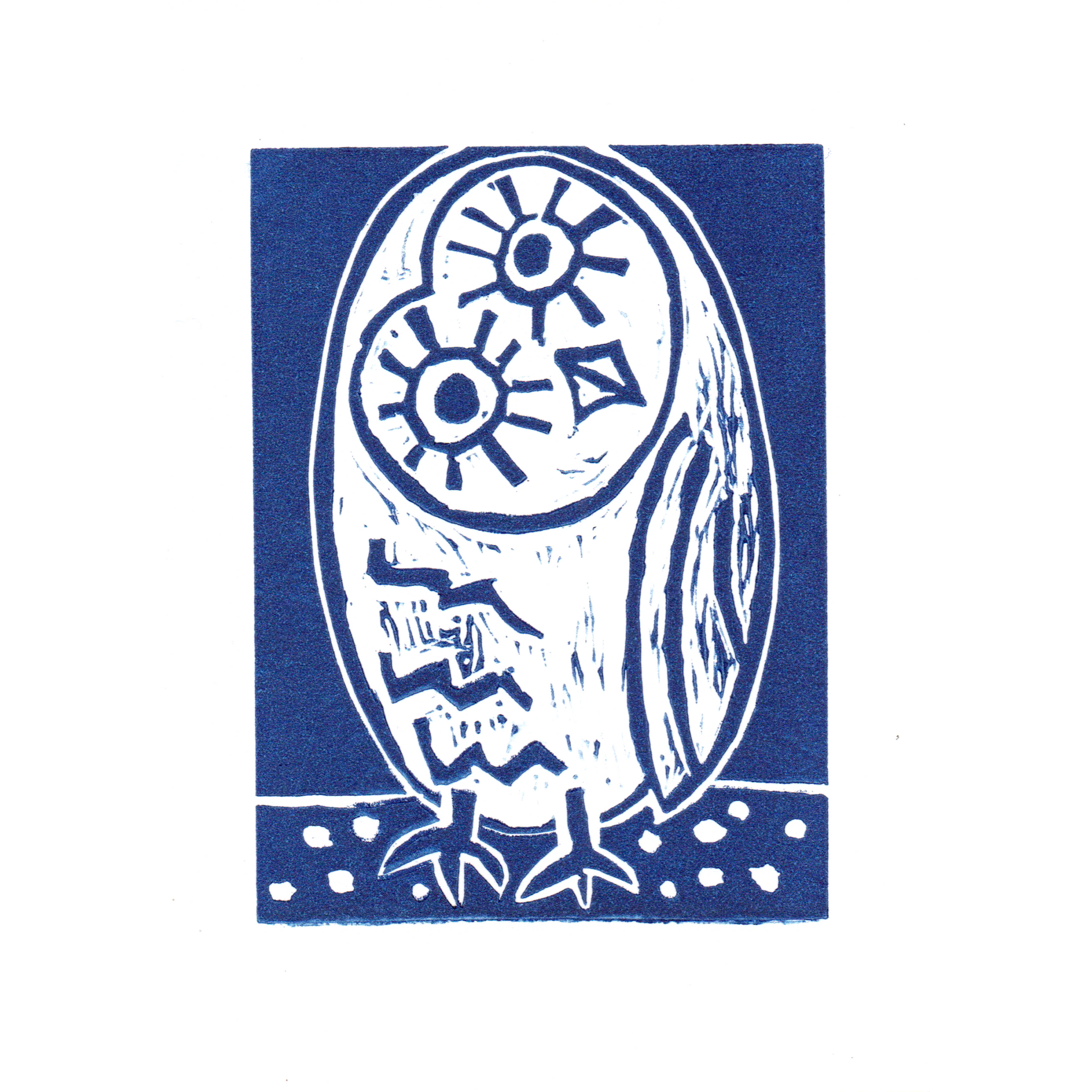 Blue Lino printed illustration of owl