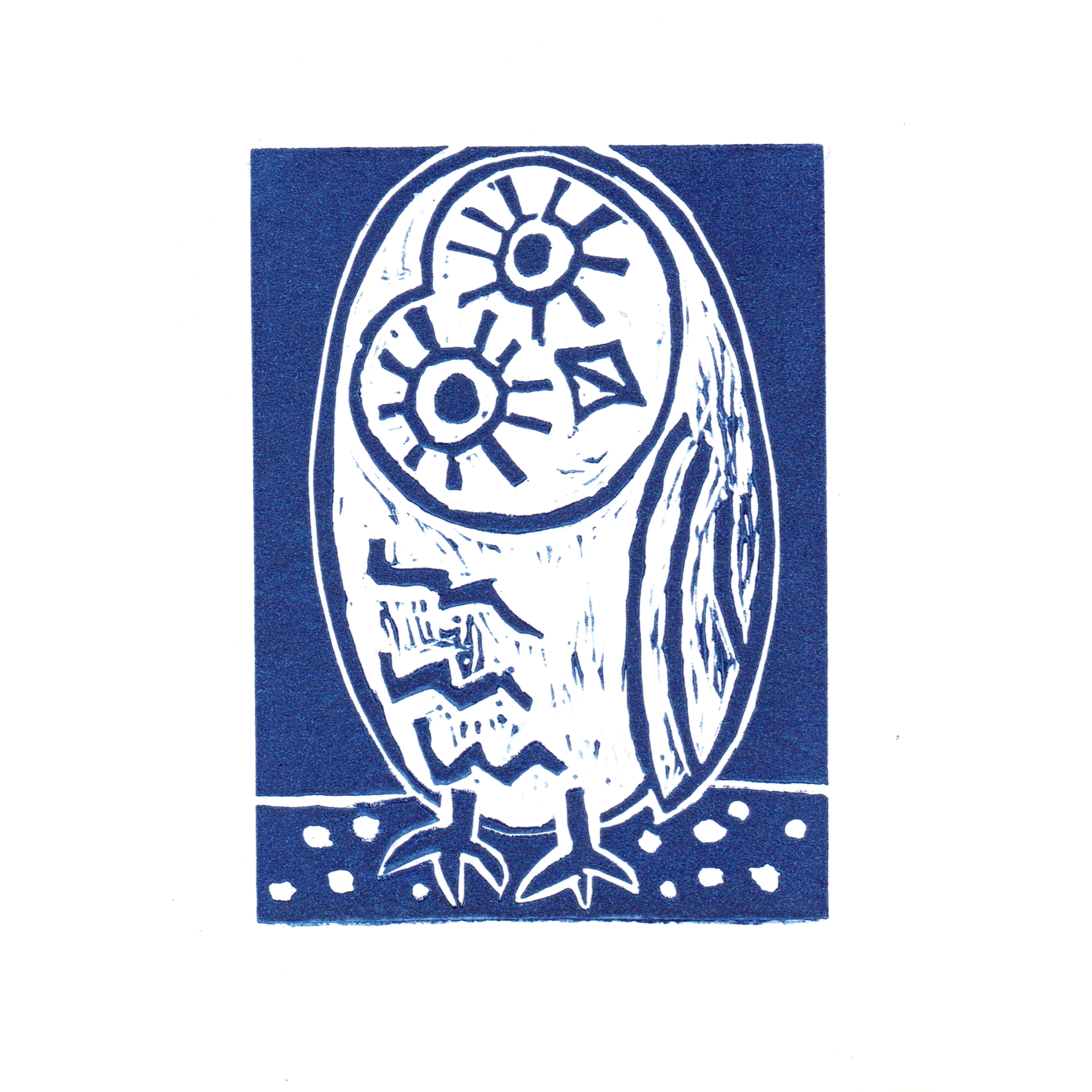 Blue Lino printed illustration of owl