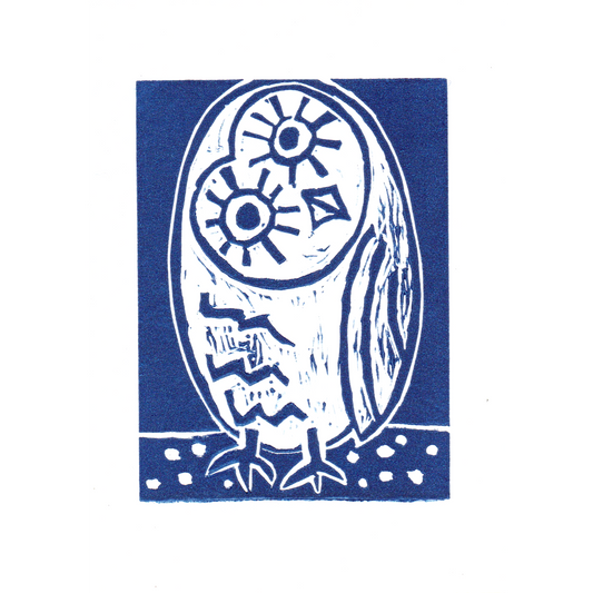 Blue Lino printed illustration of owl
