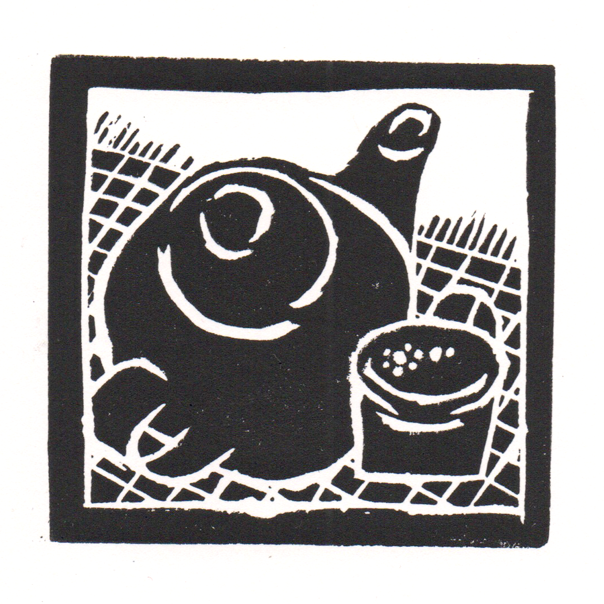 Lino print of teapot and mug illustration.  Black ink
