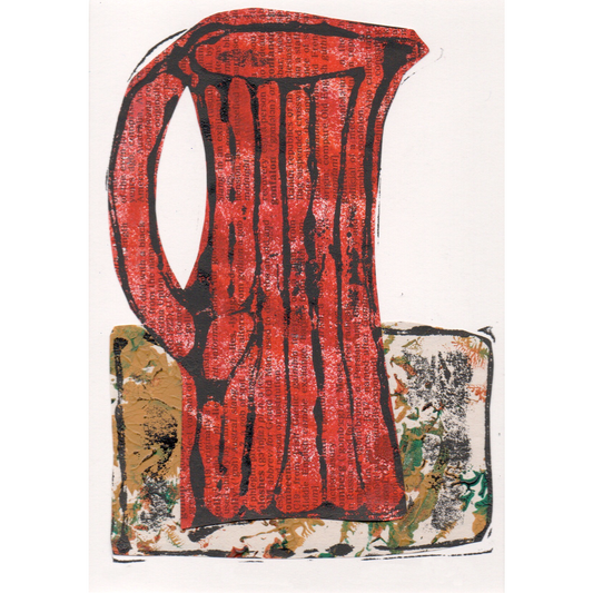 Relief print of tall jug, black ink over chine-collé