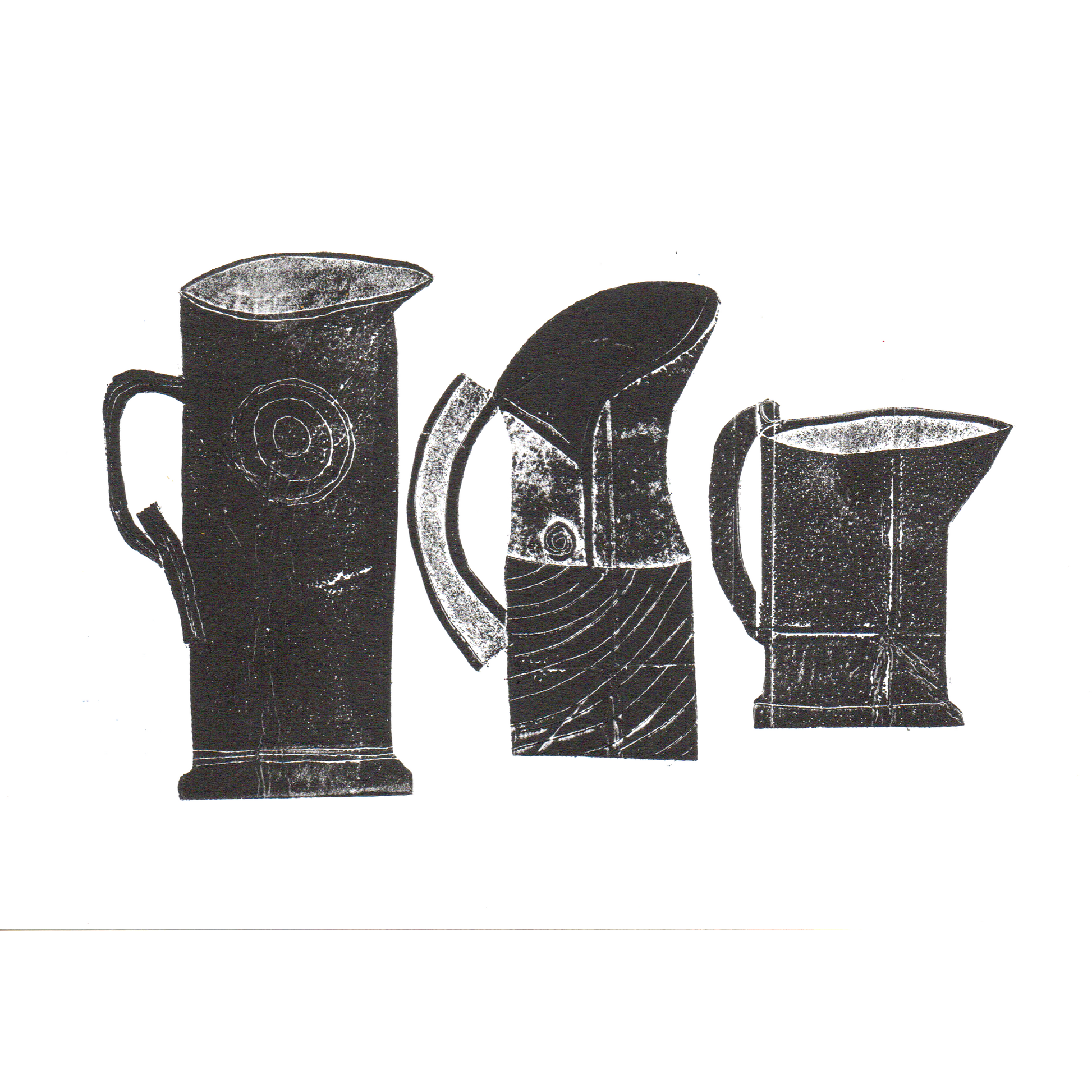 relief print of 3 jugs black ink on white paper