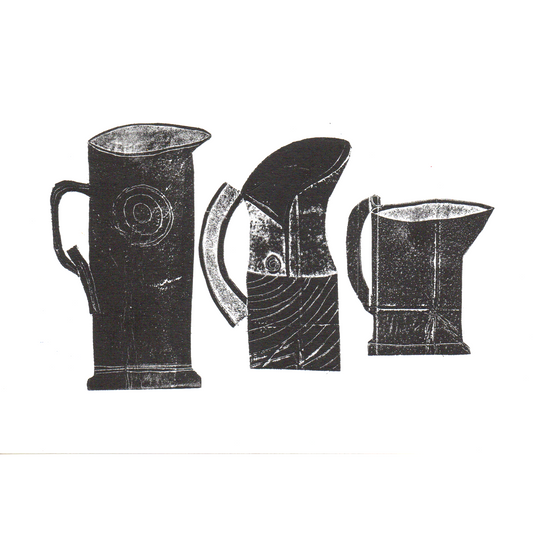 relief print of 3 jugs black ink on white paper