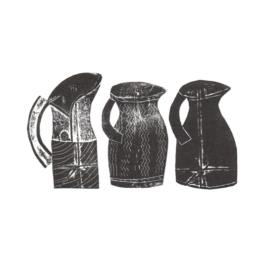 Relief printed illustration of 3 jugs in black on white