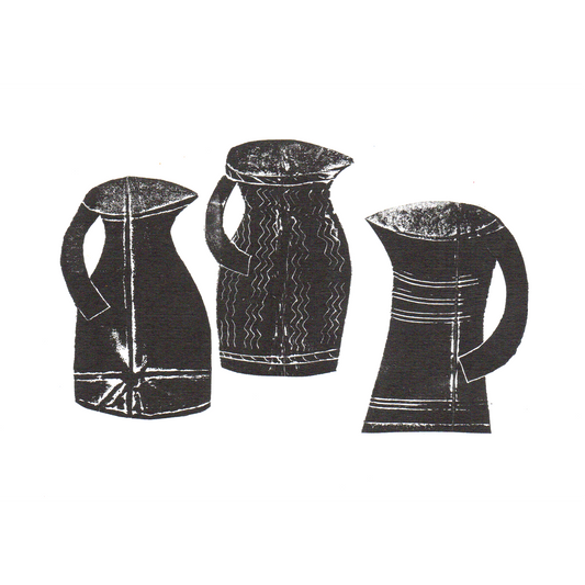 Relief printed illustration of 3 jugs in black on white
