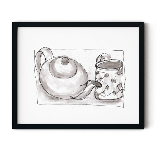 Teapot and Spotty Mug Print shown in black frame