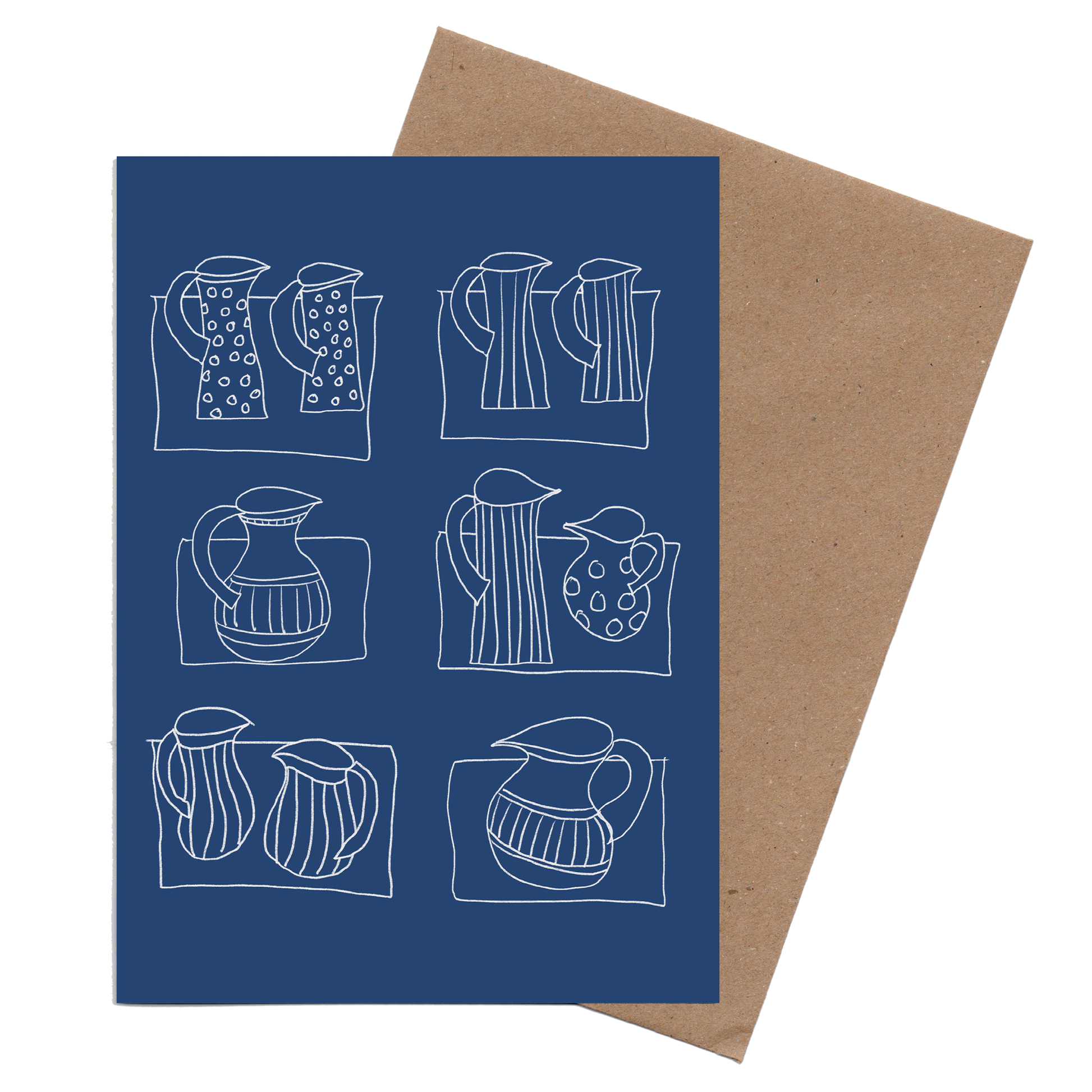 Wonky Jugs Blue greetings card shown with envelope